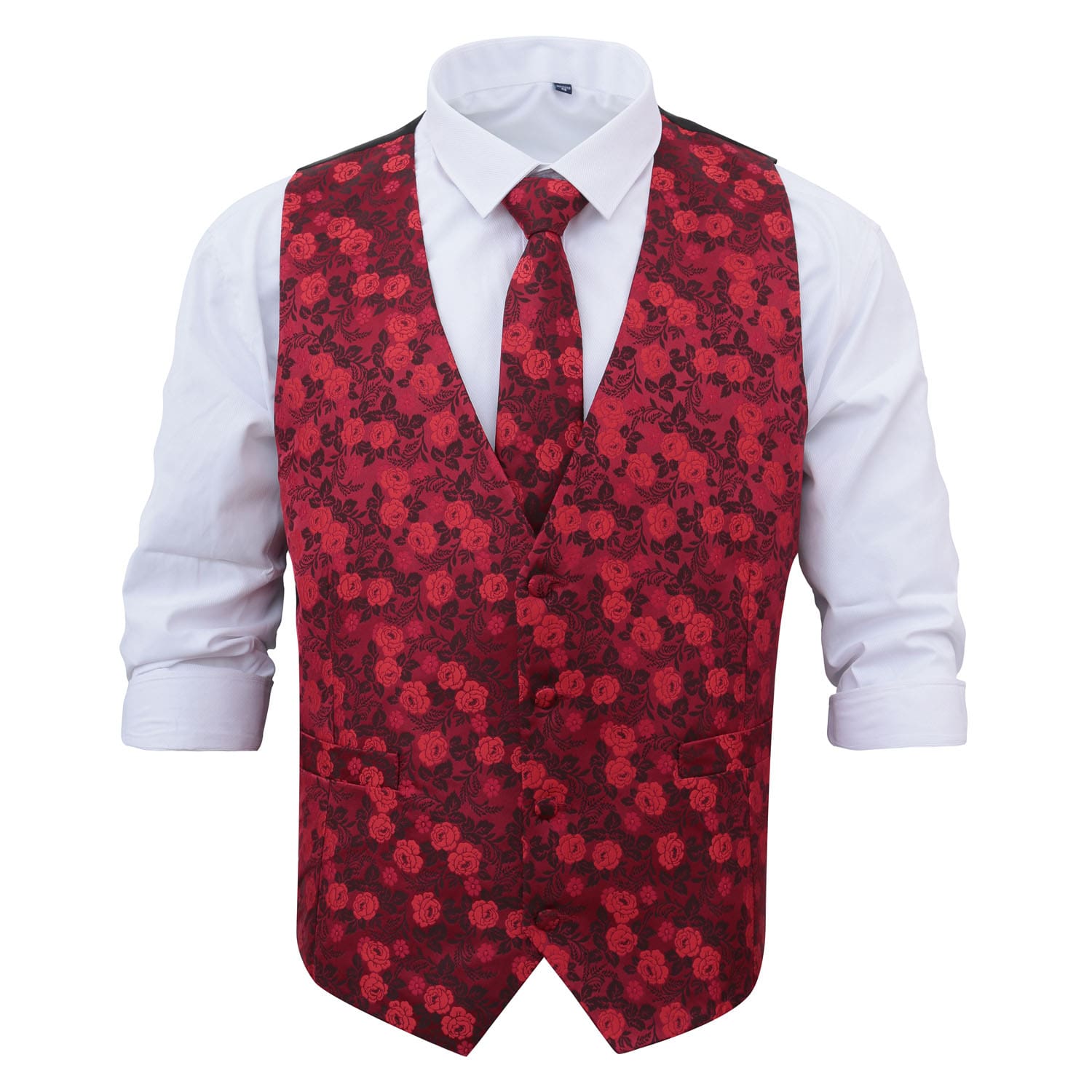 Red Floral Rose Wedding Waistcoat & Tie Set