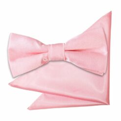 Baby Pink Plain Satin Bow Tie and Pocket Square Set for Boys