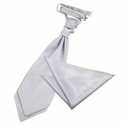 Silver Plain Satin Wedding Cravat and Pocket Square Set