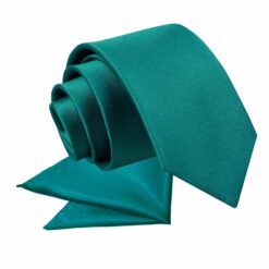 Teal Plain Satin Tie and Pocket Square Set for Boys