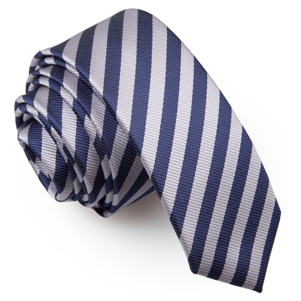 Men's Thin Stripe Navy Blue & Silver Skinny Tie