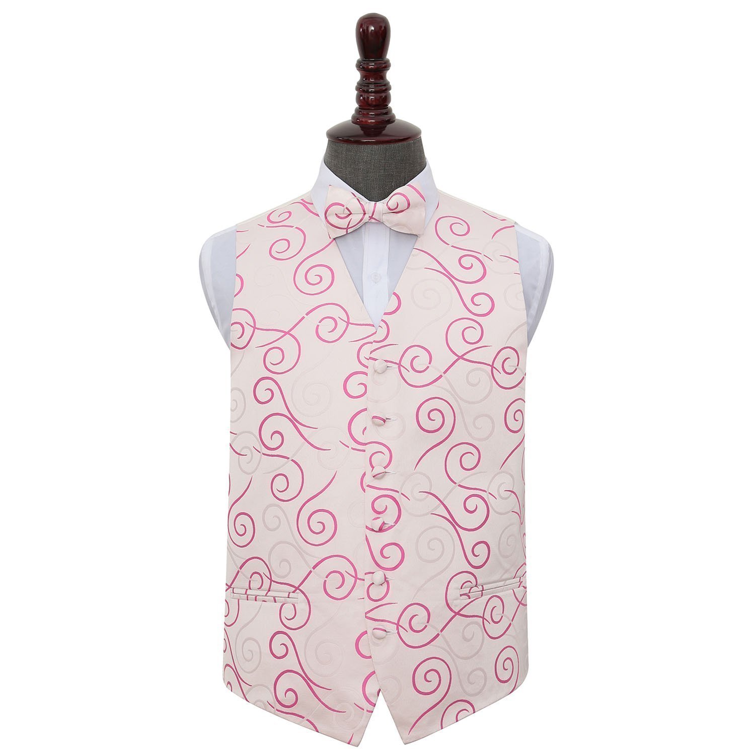 DQT Woven Scroll Patterned Ivory & Hot Pink Formal Mens Wedding Waistcoat S-5XL 