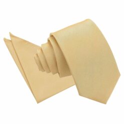 Beige Plain Shantung Slim Tie and Pocket Square Set