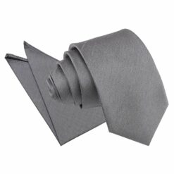 Steel Grey Plain Shantung Slim Tie and Pocket Square Set Steel Grey Plain Shantung Slim Tie and Pocket Square Set