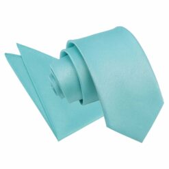 Turquoise Green Plain Shantung Slim Tie and Pocket Square Set