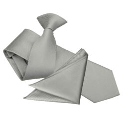 Silver Solid Check Clip On Slim Tie and Pocket Square Set