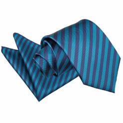 Navy Blue and Teal Thin Stripe Tie and Pocket Square Set